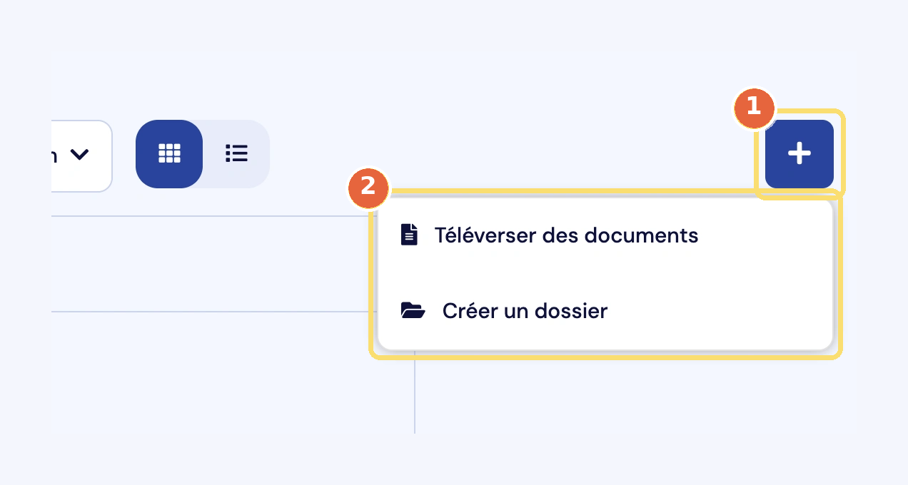 Capture du bouton + dans un classeur (1) et de ses choix : Téléverser des documents et Créer un dossier (2).