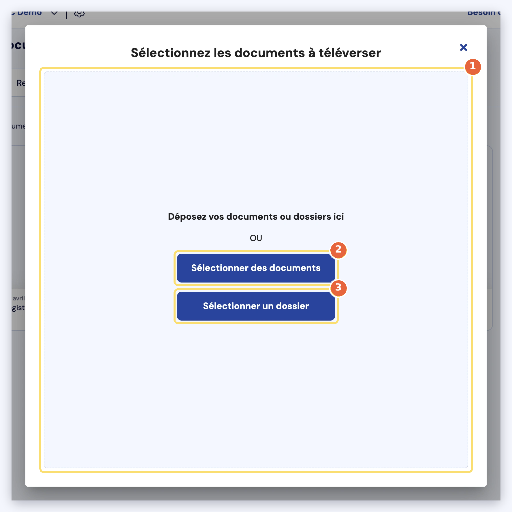 Capture de la fenêtre de téléversement : zone où déposer les fichiers (1), boutons Sélectionner des documents (2) et Sélectionner un dossier (3).