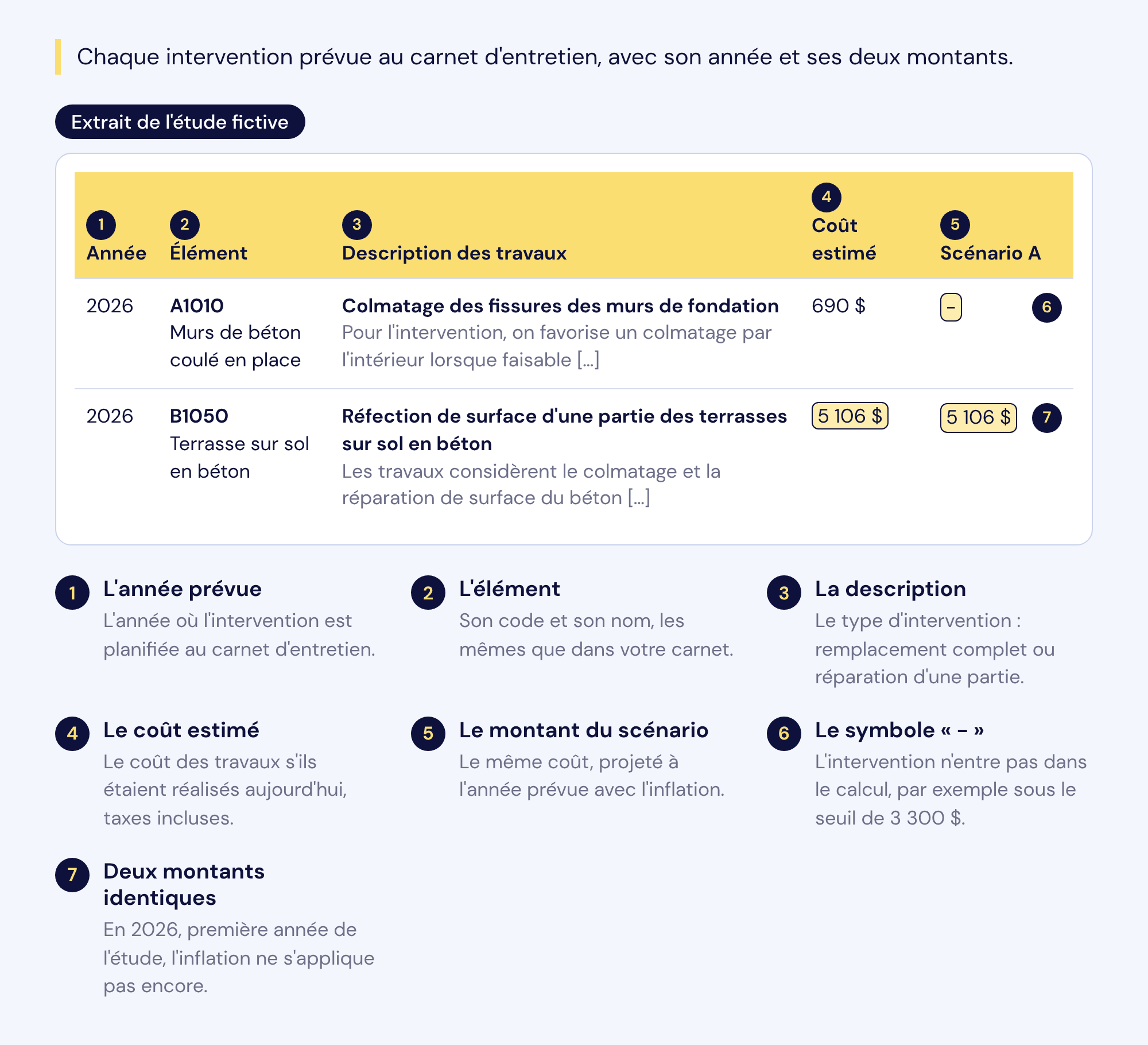 Deux lignes de l'estimation des dépenses de l'étude fictive, annotées : année, élément, description, coût estimé, montant du scénario, symbole tiret et deux montants identiques la première année.