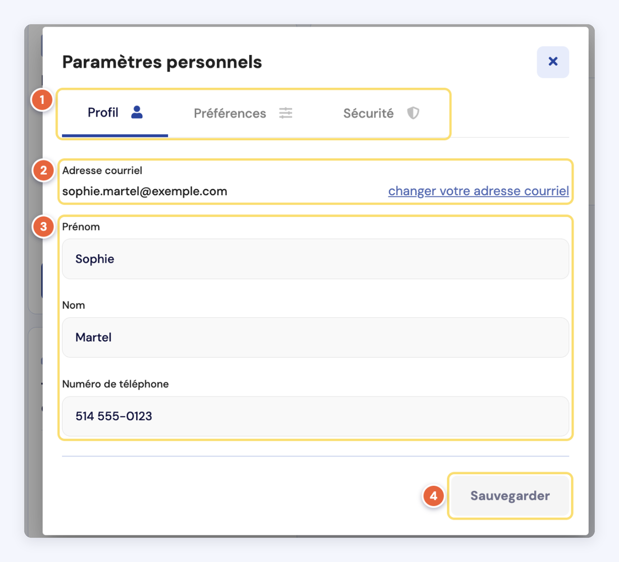 Capture de l'onglet Profil des paramètres personnels : les onglets Profil, Préférences et Sécurité (1), l'adresse courriel et le lien pour la changer (2), le prénom, le nom et le téléphone (3), le bouton Sauvegarder (4).