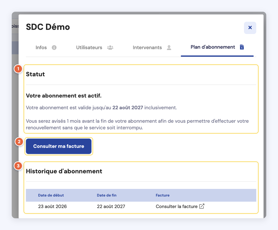 Capture de l'onglet Plan d'abonnement : le statut et la date de fin de l'abonnement (1), le bouton Consulter ma facture (2) et l'historique d'abonnement avec la facture de chaque période (3).