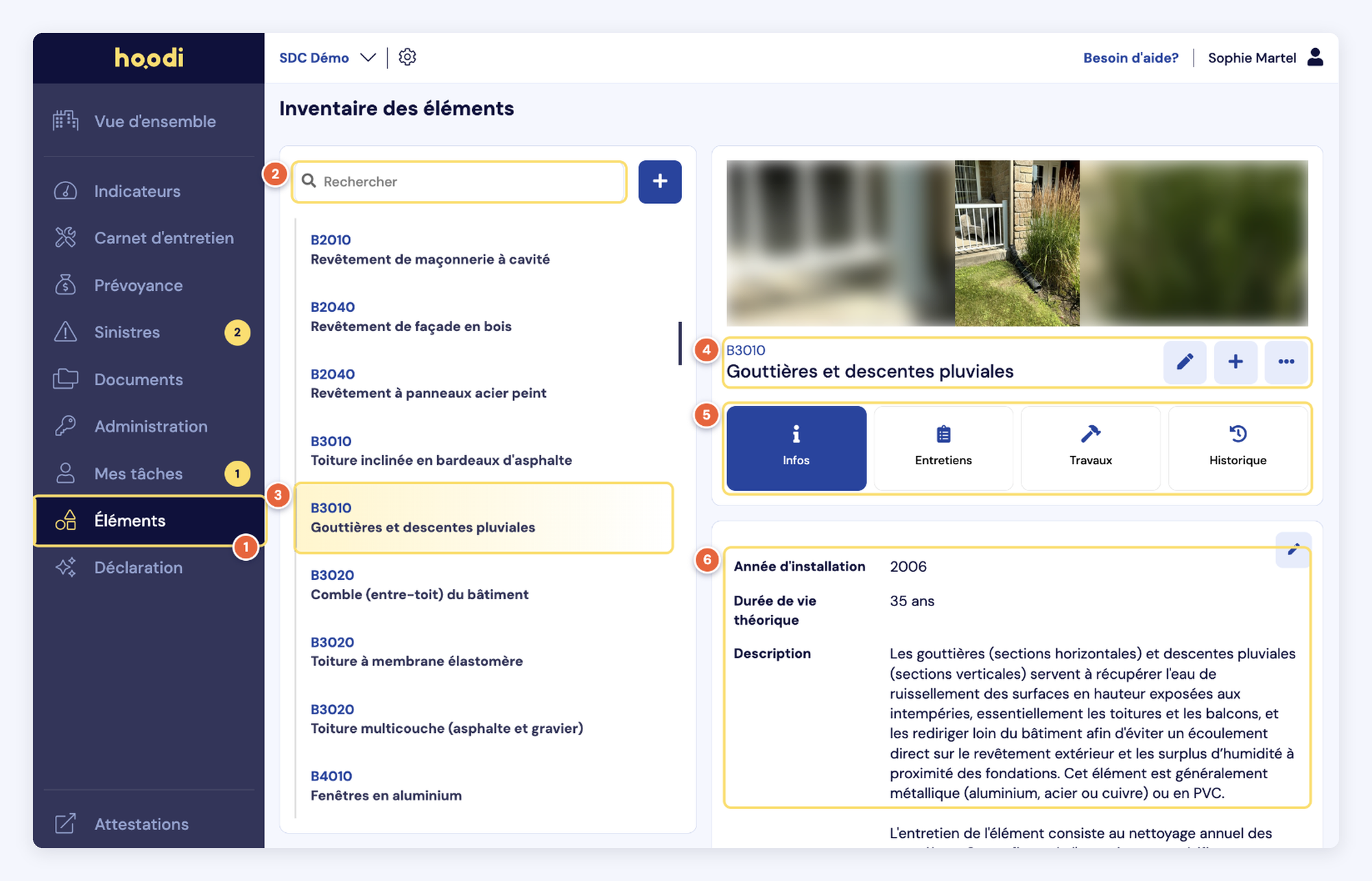 Capture de la section Éléments : le menu (1), la recherche (2), l'élément sélectionné dans la liste par catégorie (3), l'en-tête de la fiche avec son code, son nom et ses trois boutons (4), les onglets Infos, Entretiens, Travaux et Historique (5) et le bloc d'informations (6).