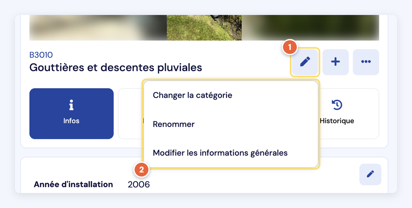 Capture du crayon de la fiche (1) et de son menu : Changer la catégorie, Renommer, Modifier les informations générales (2).