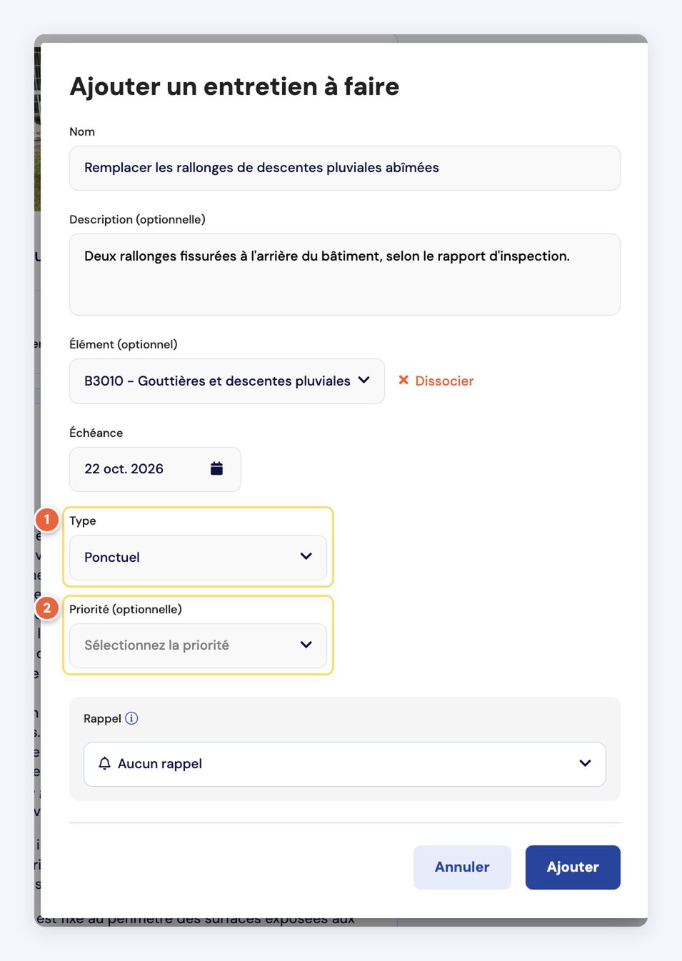 Capture de la même fenêtre avec le type Ponctuel (1) : la priorité, optionnelle, propose l'échelle Bas, Moyen, Élevé ou Urgent (2), et la récurrence n'est plus demandée.