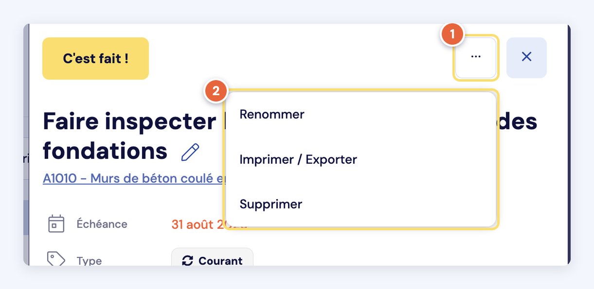 Capture du menu … du panneau d'une tâche : Renommer, Imprimer / Exporter, Supprimer.