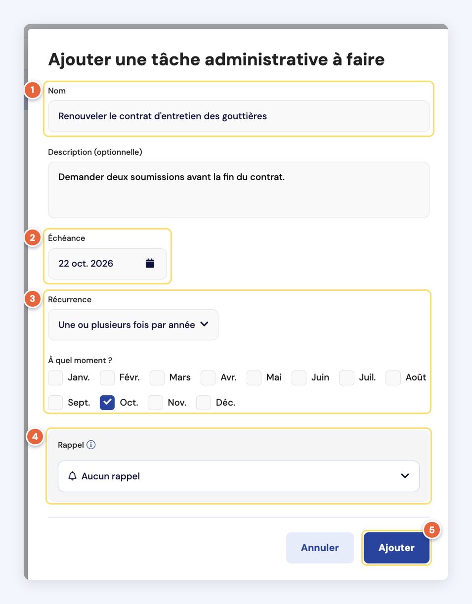 Capture de la fenêtre Ajouter une tâche administrative à faire : nom (1), échéance (2), récurrence et mois (3), rappel (4), bouton Ajouter (5).