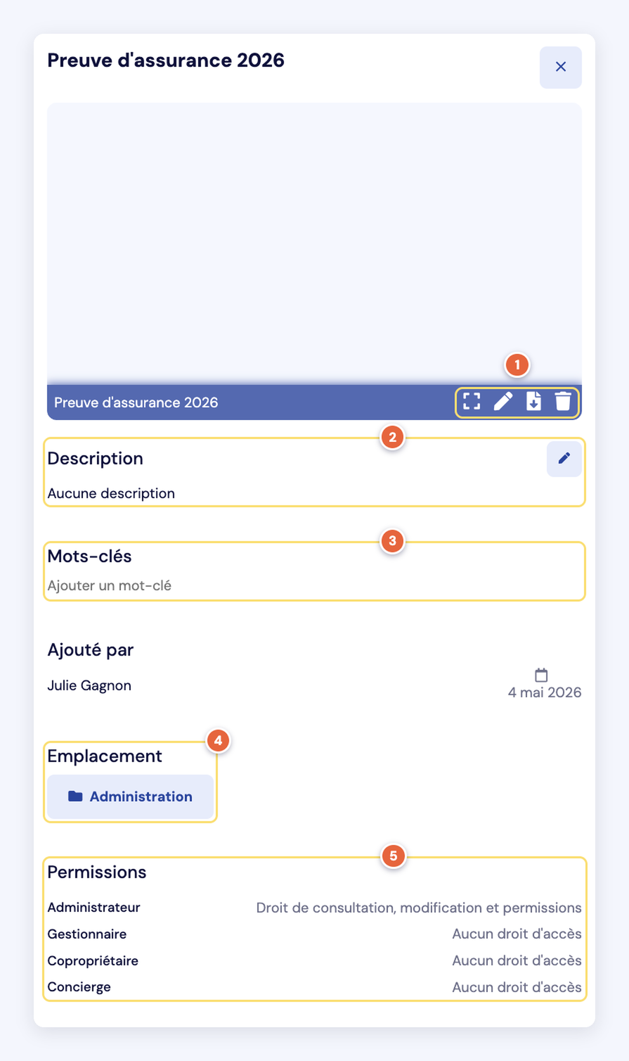 Capture du volet Détails d'un document : actions plein écran, renommer, télécharger et supprimer (1), description (2), mots-clés (3), emplacement (4) et permissions héritées du classeur (5).