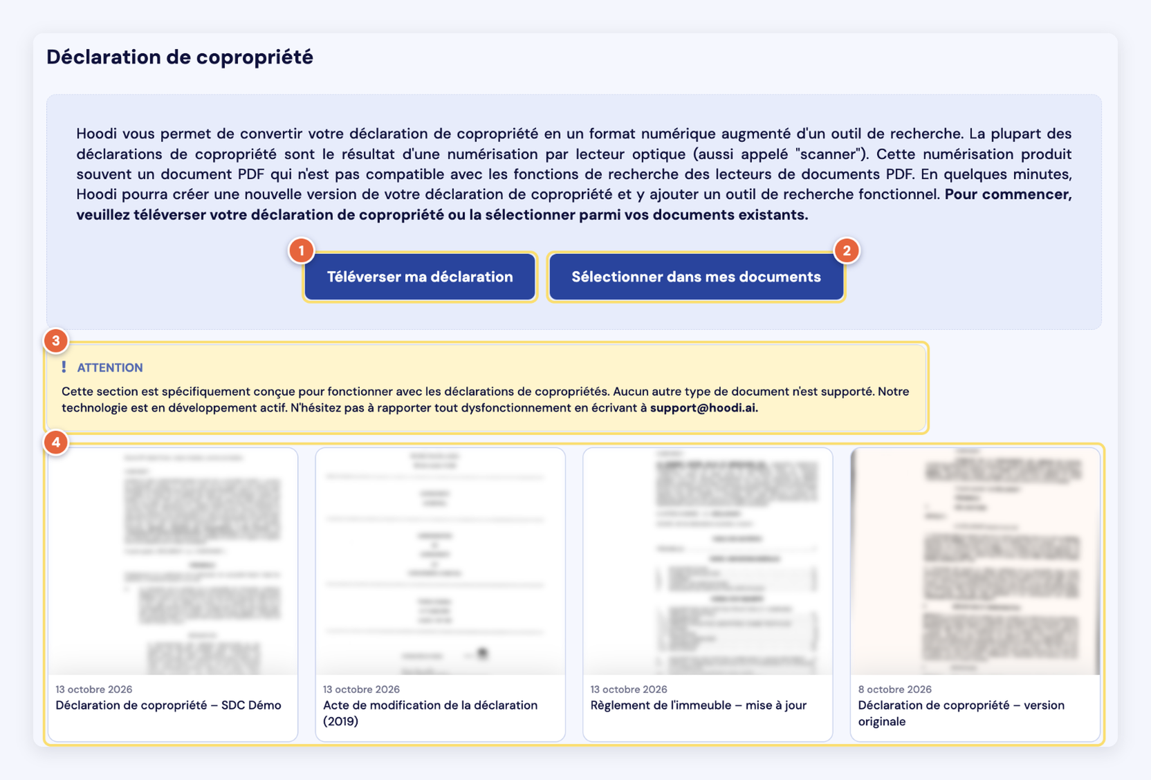 Capture de la page Déclaration de copropriété : les boutons Téléverser ma déclaration (1) et Sélectionner dans mes documents (2), l'encadré Attention (3) et les déclarations converties, en vignettes avec leur date et leur nom (4).