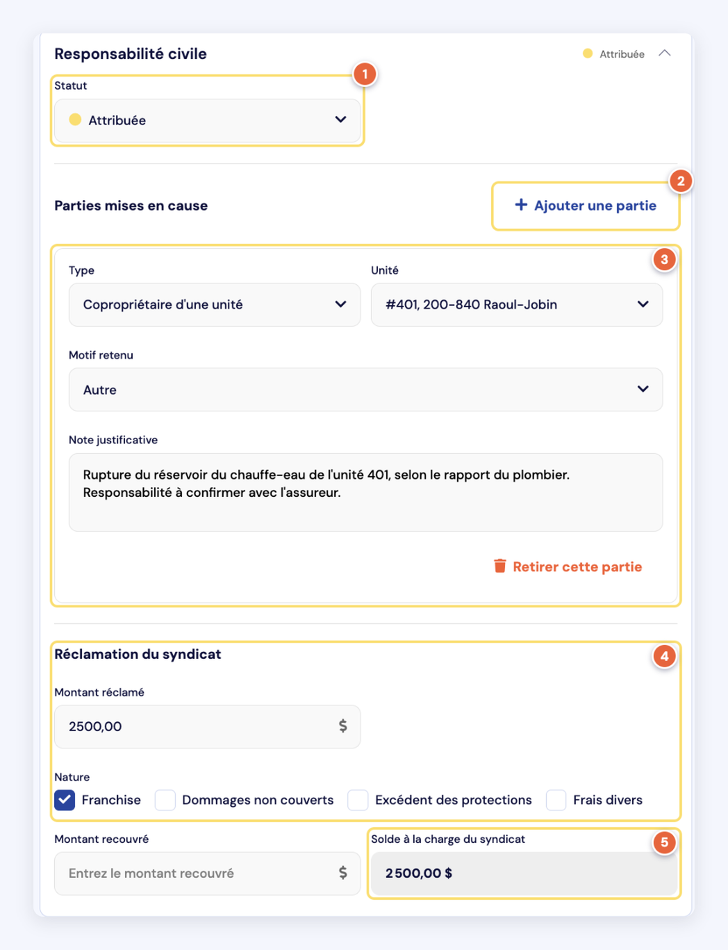 Capture de la section Responsabilité civile : le statut Attribuée (1), le bouton Ajouter une partie (2), une partie mise en cause avec son type, son unité, le motif retenu et une note justificative (3), la réclamation du syndicat avec le montant et sa nature (4) et le solde à la charge du syndicat (5).