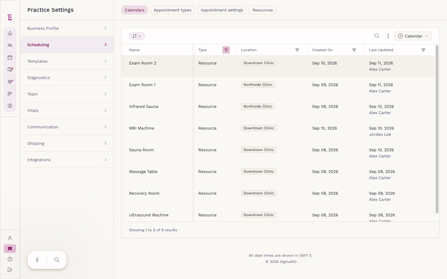 Scheduling settings with the Calendars tab open, listing each practice calendar with its type and location