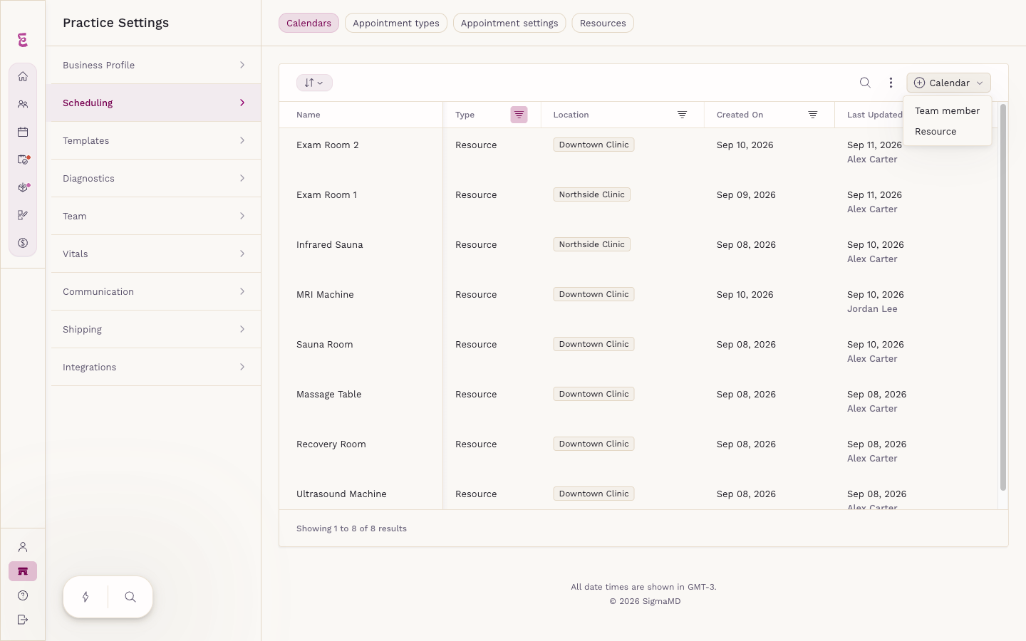The plus Calendar button open, showing the Team member and Resource options