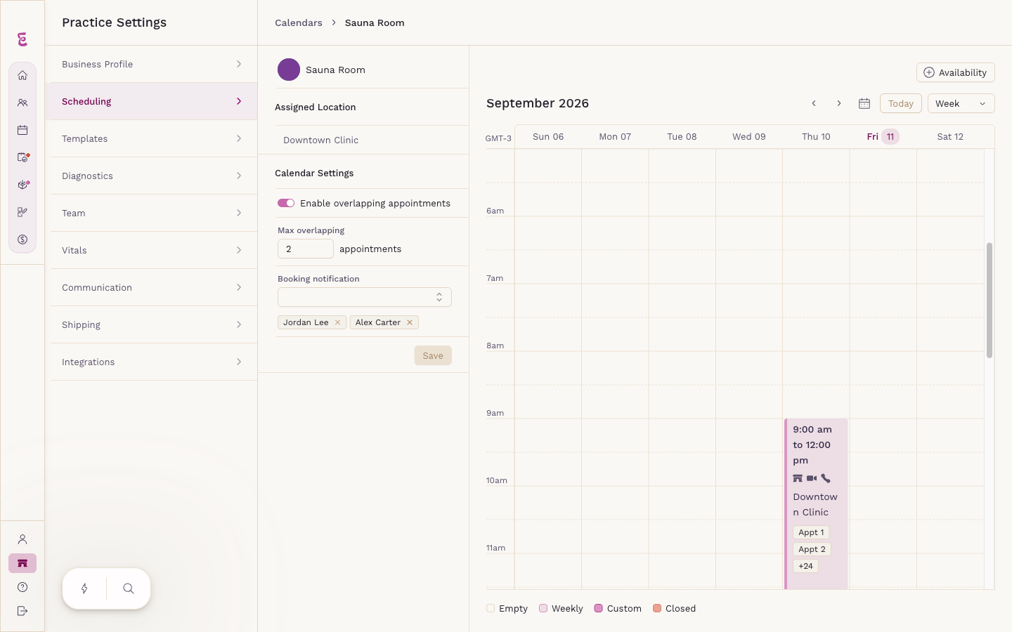 A resource calendar with its Calendar Settings panel and a weekly availability period on the calendar