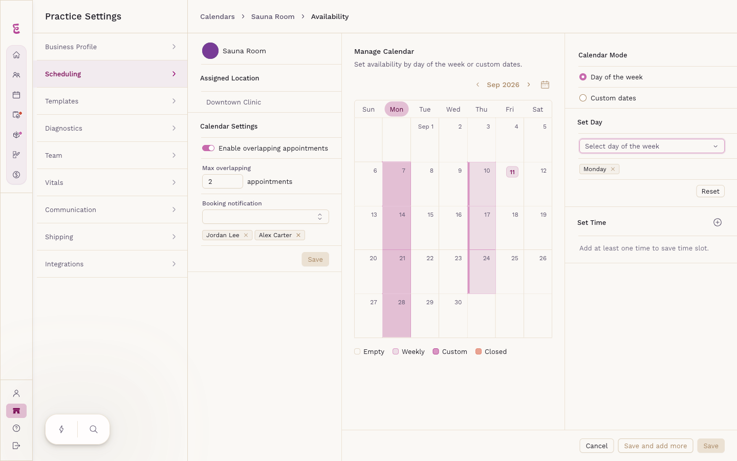 The Manage Calendar screen with Calendar Mode set to Day of the week and Monday selected