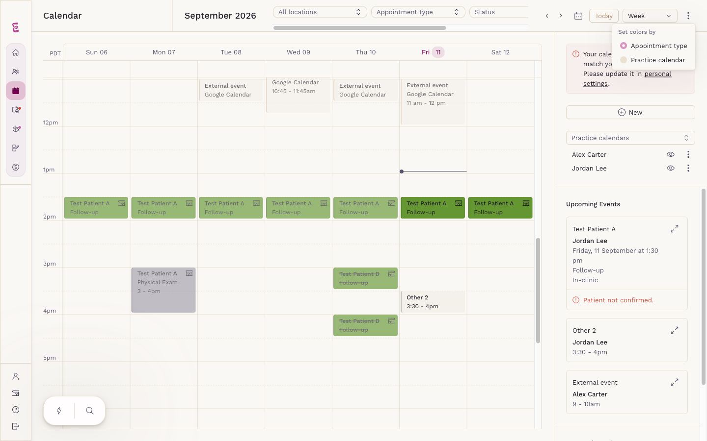 The Clinician Calendar with the Practice calendars filter in the sidebar and the Set colors by menu open