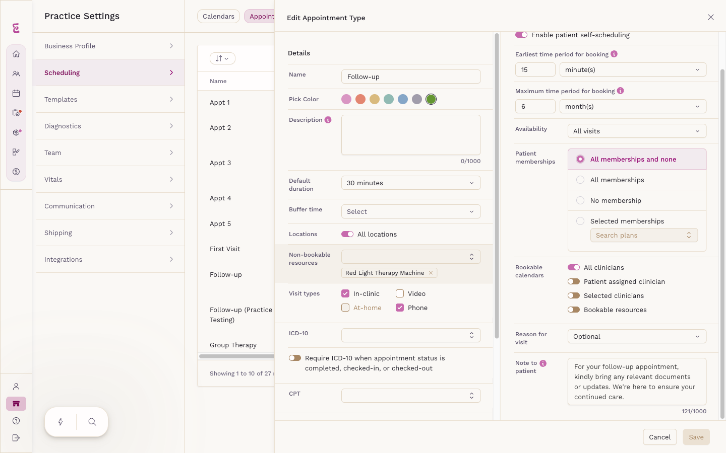 The Bookable calendars section of an appointment type, with the All clinicians, Patient assigned clinician, Selected clinicians and Bookable resources toggles