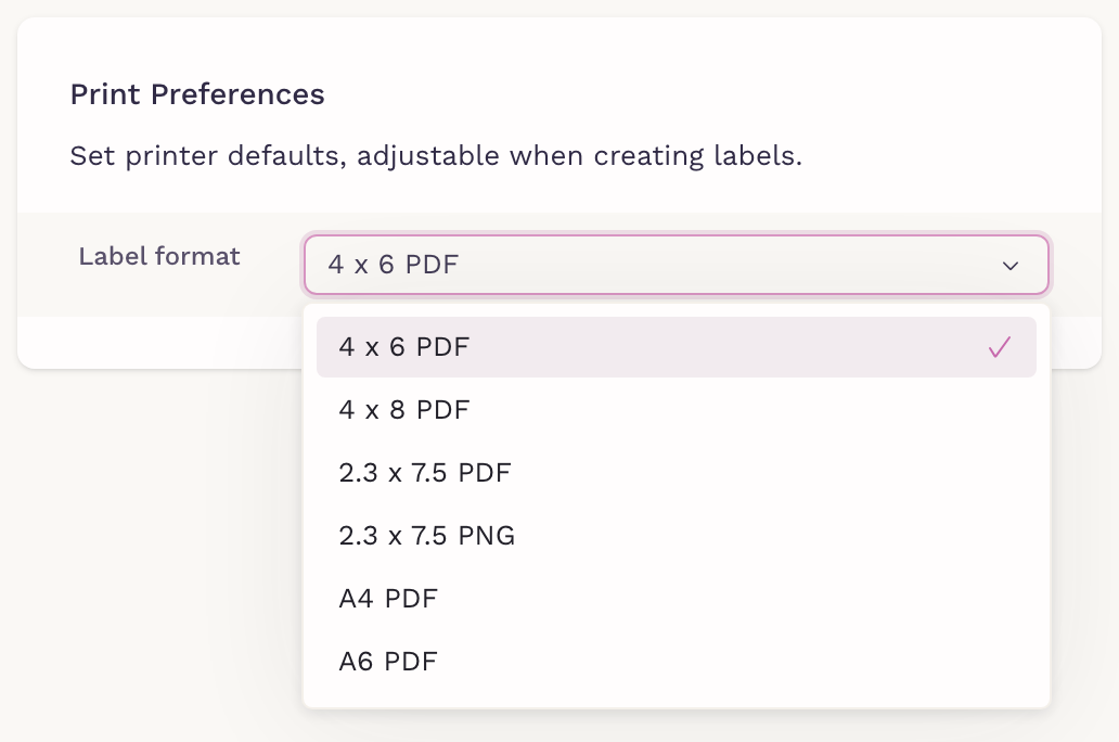 the Print Preferences section with the Label format dropdown open