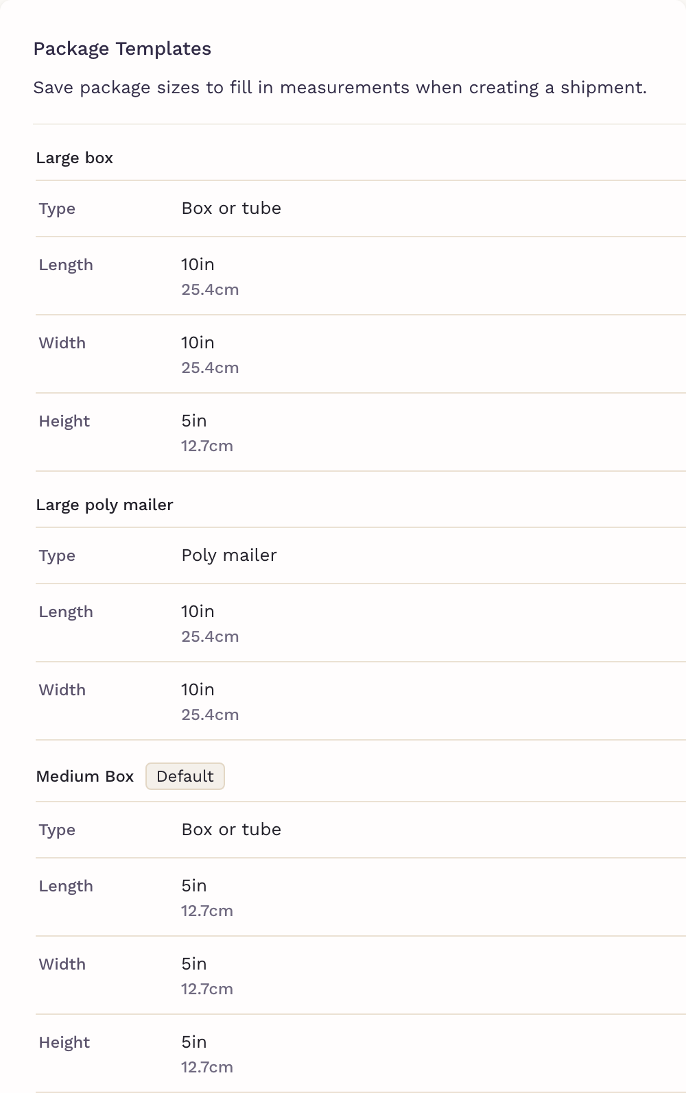 the Package Templates section with a couple of saved templates and the Default badge