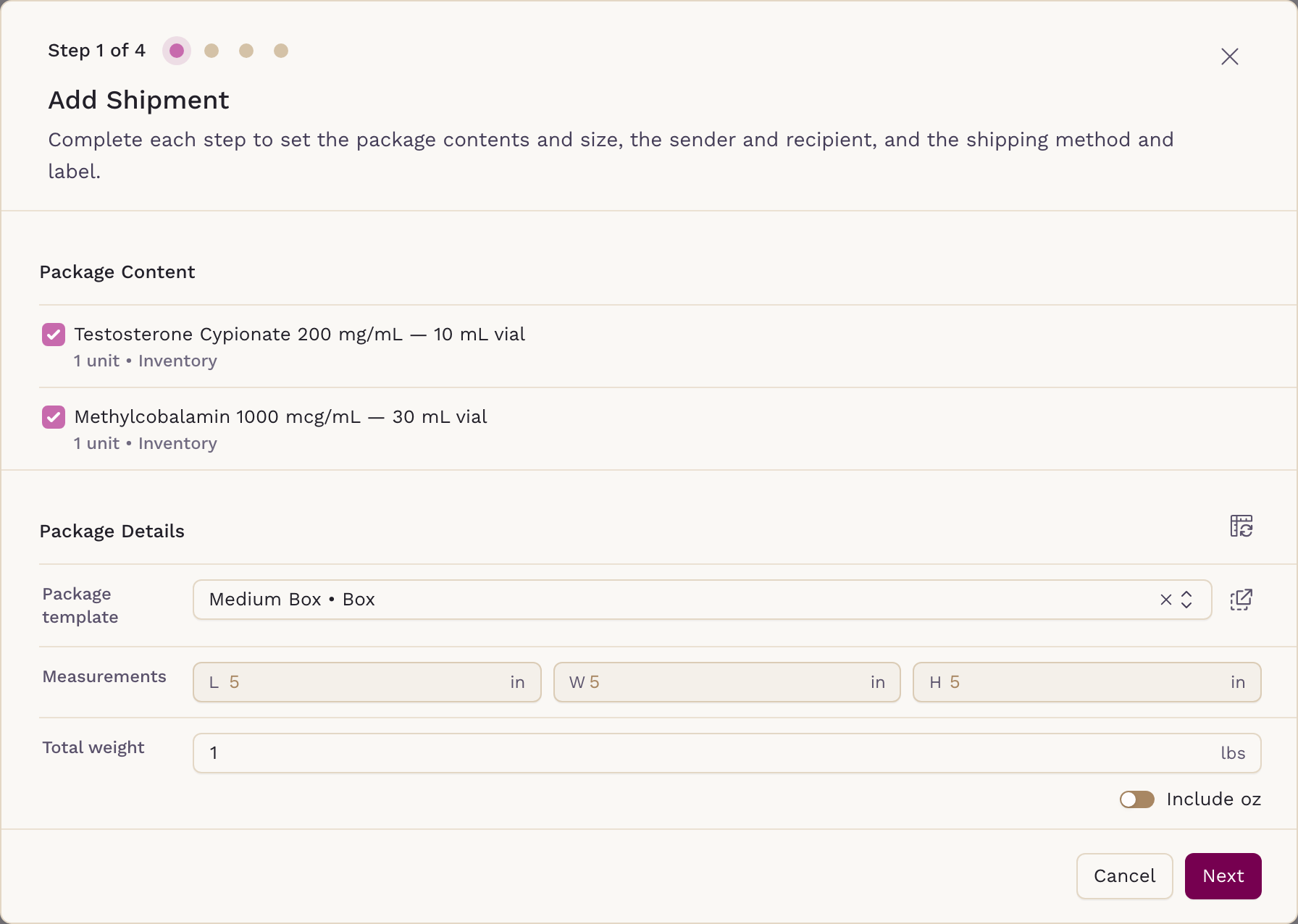 Step 1 of the Add Shipment wizard, showing the checked items list and the package details fields