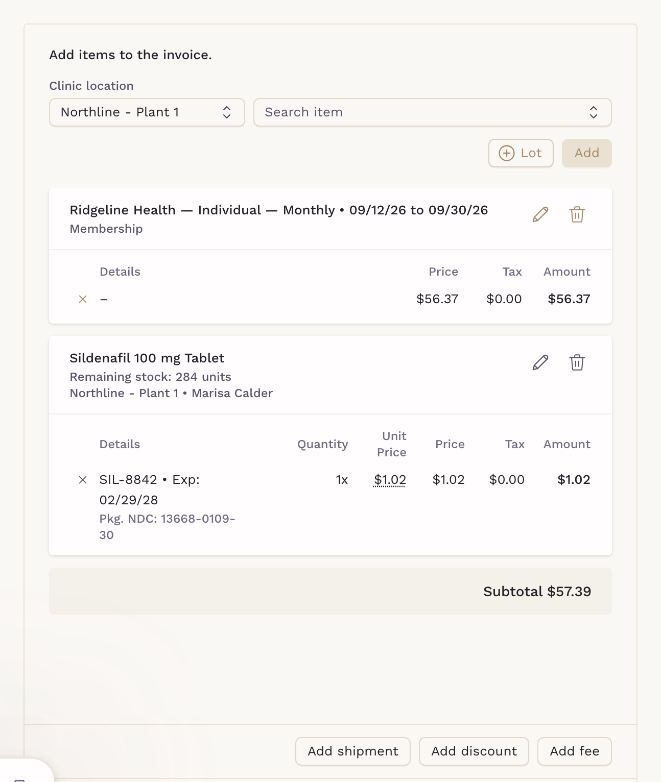 A patient invoice draft with the "Add shipment" button visible below the line items
