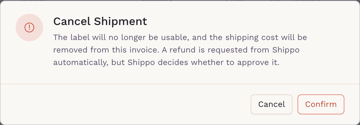 The Cancel Shipment confirmation dialog