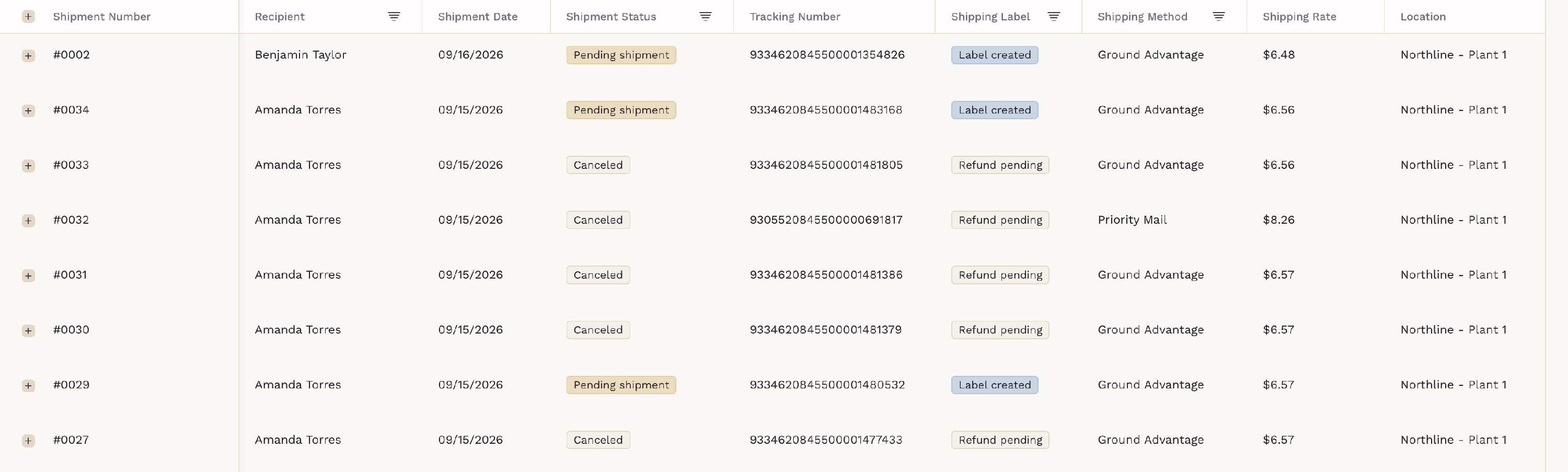 The Shipment History screen with the table and its filters visible