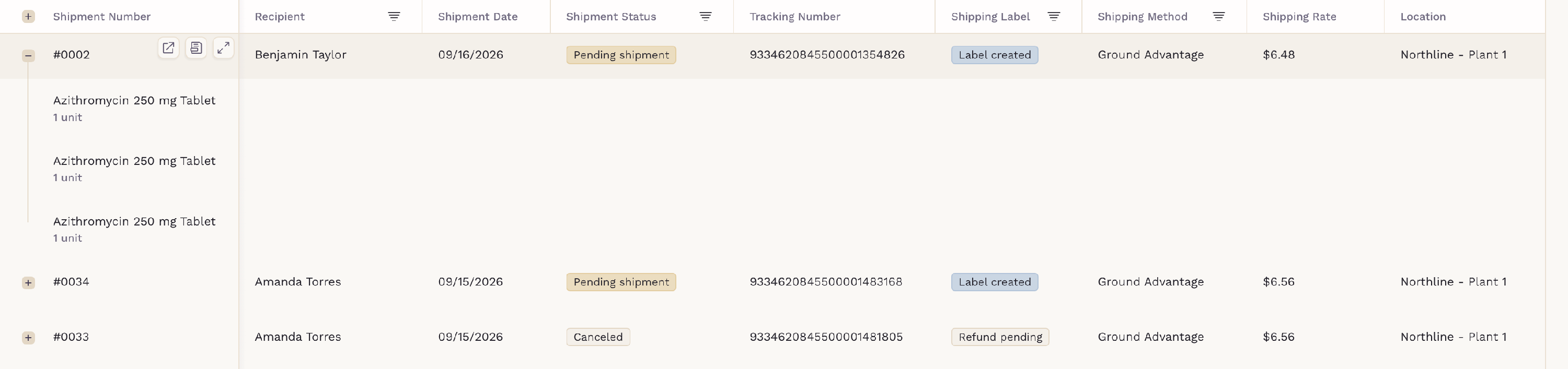 An expanded shipment row showing its packed items