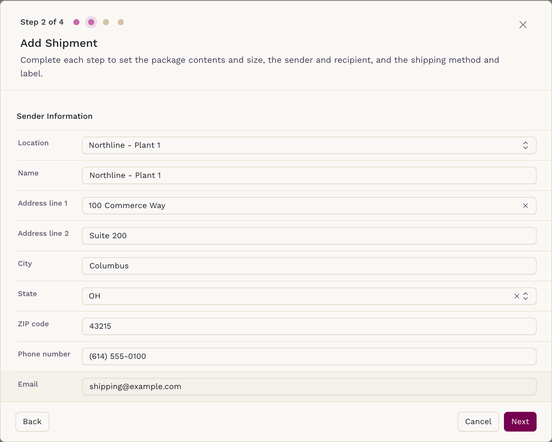 Step 2 of the Add Shipment wizard, Sender Information pre-filled from the practice location