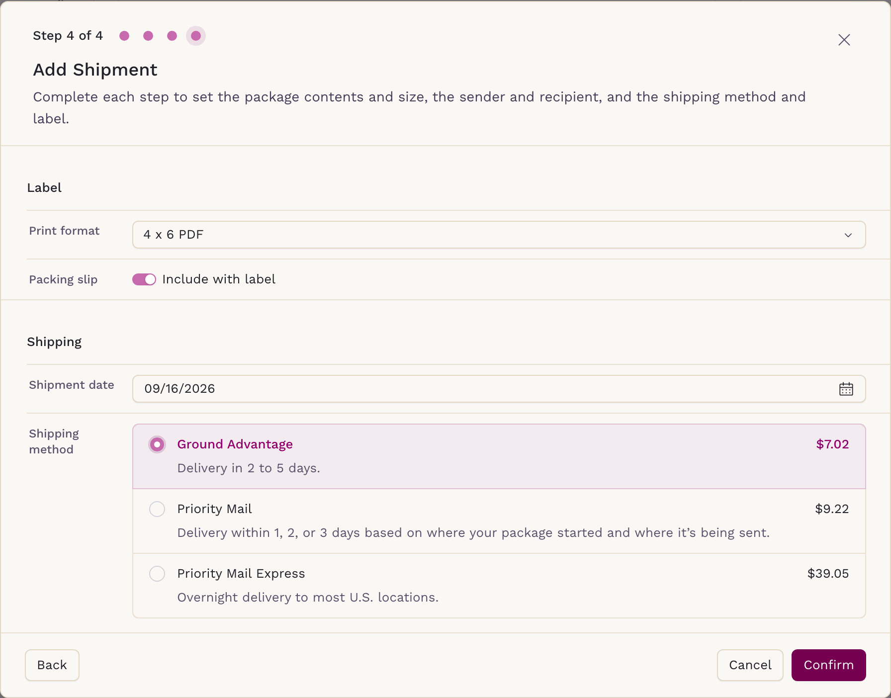 Step 4 of the Add Shipment wizard, showing shipping methods with the cheapest rate preselected
