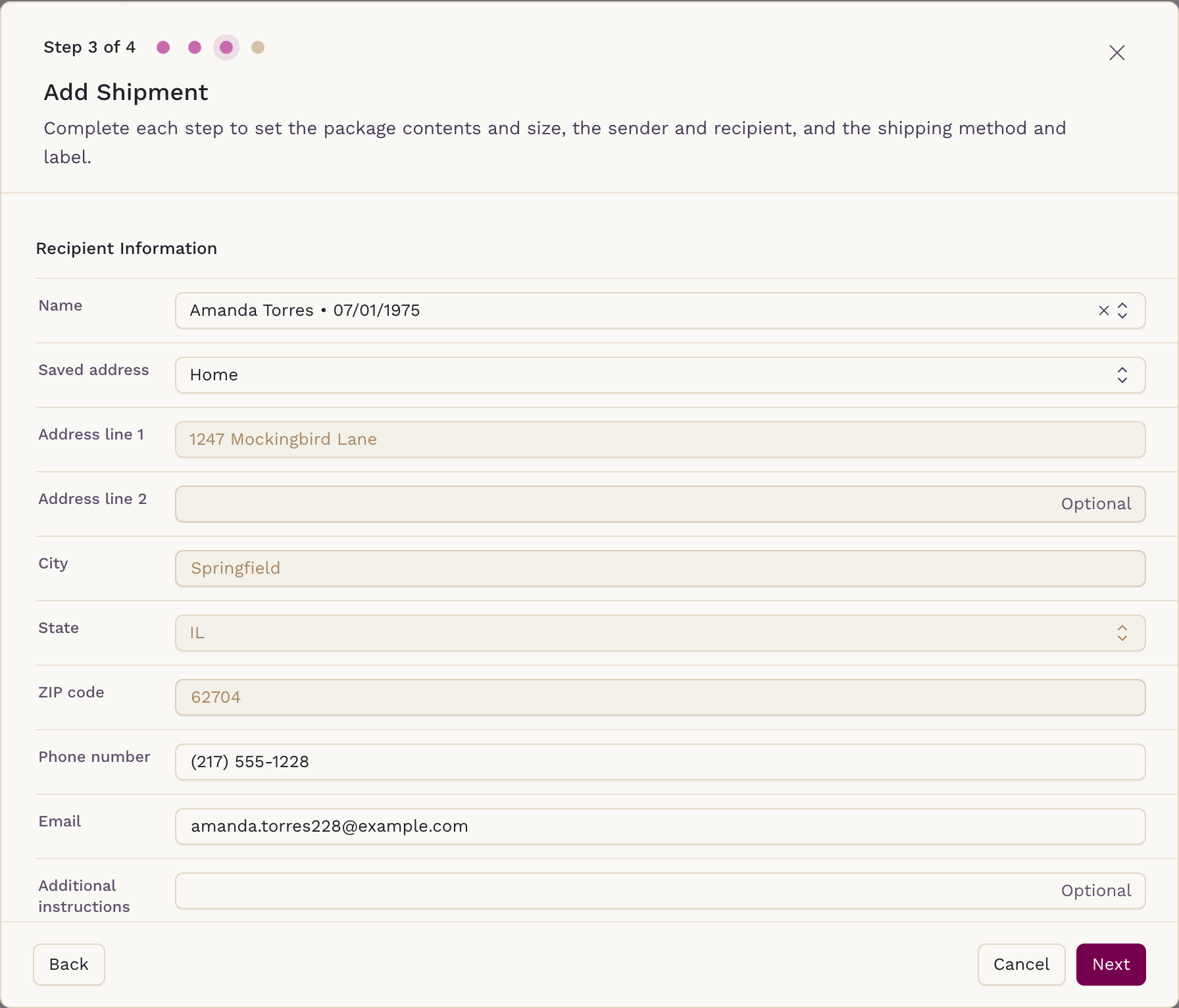 Step 3 of the Add Shipment wizard, Recipient Information pre-filled from the patient's saved address