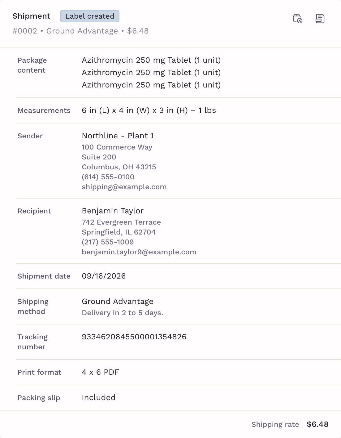 The invoice's Shipment section after confirming, showing the shipping charge and the button to view the label