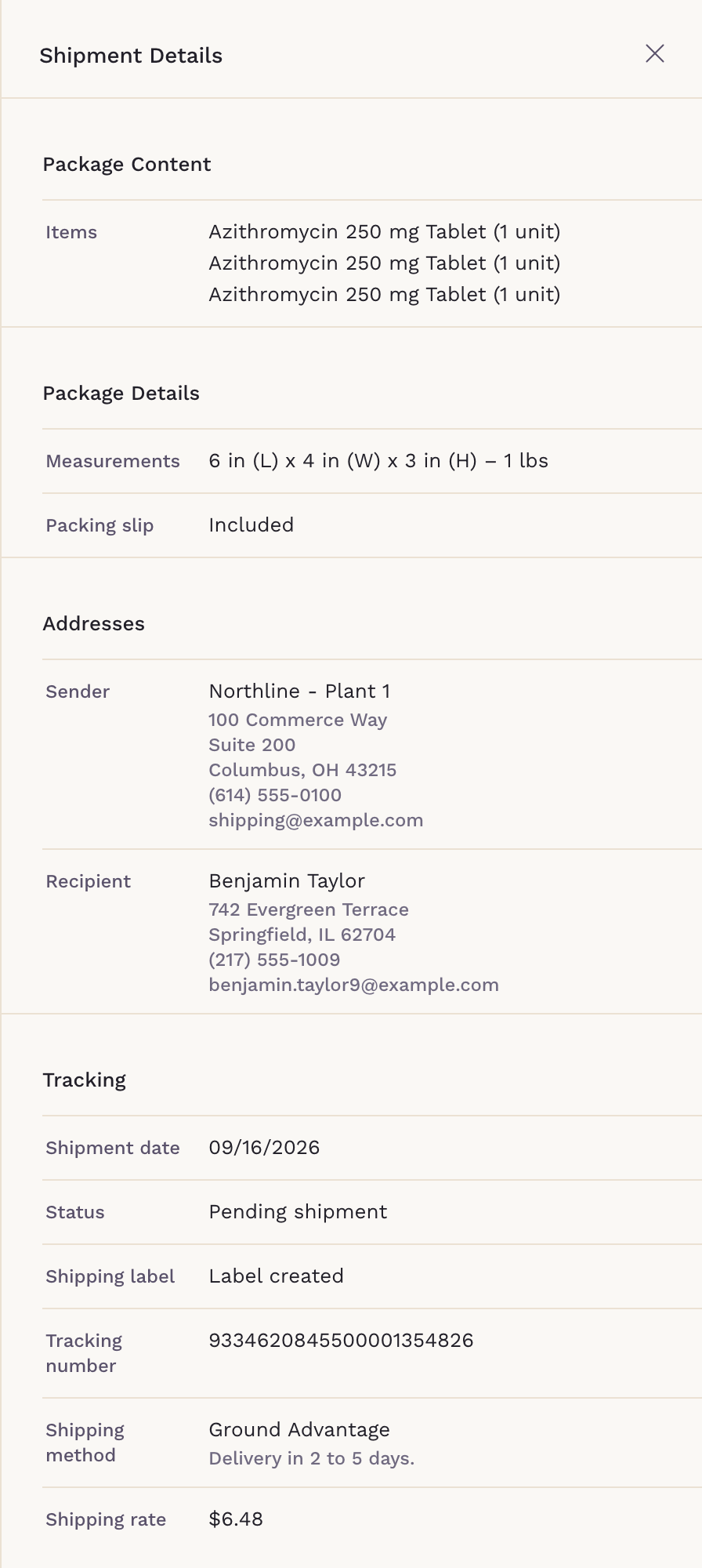 The Shipment Details side panel