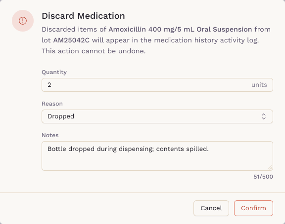 Discard Medication dialog with Quantity, Reason and Notes