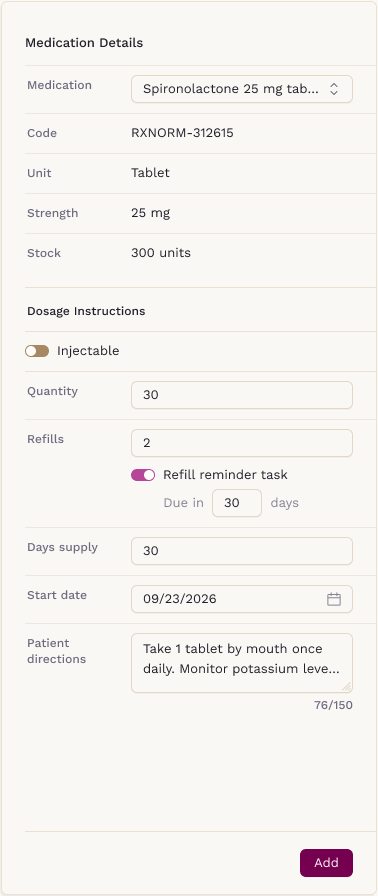 Dispense Medication screen with Refill reminder task turned on and Due in set to 30 days