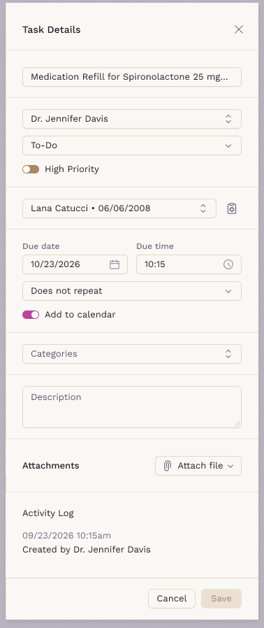 Task Details for a Medication Refill task created from a dispense
