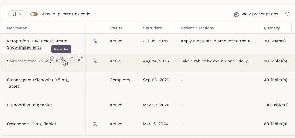 Medications tab with the Reorder action on a clinic-dispensed medication