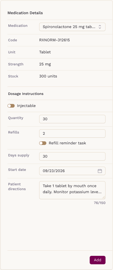 Dispense Medication screen prefilled from the previous order