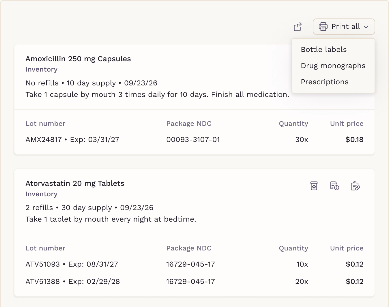 Print all dropdown with Bottle labels, Drug monographs, and Prescriptions