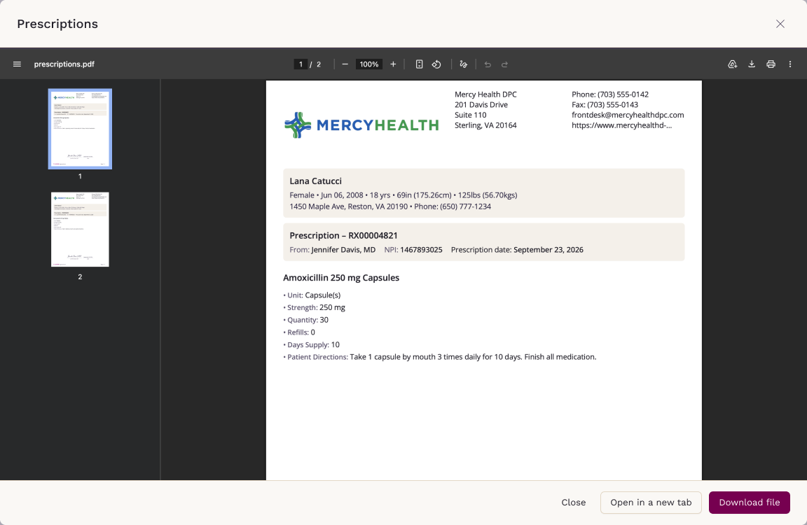 Prescriptions preview with Close, Open in a new tab, and Download file