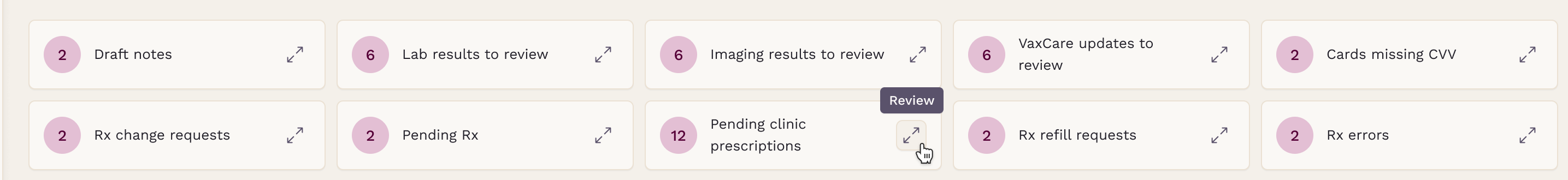 Pending clinic prescriptions card on the home screen with the Review tooltip