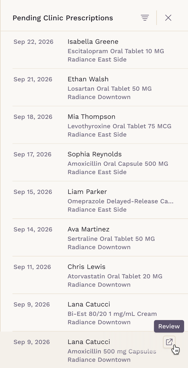 Pending Clinic Prescriptions list with the Review action on a row