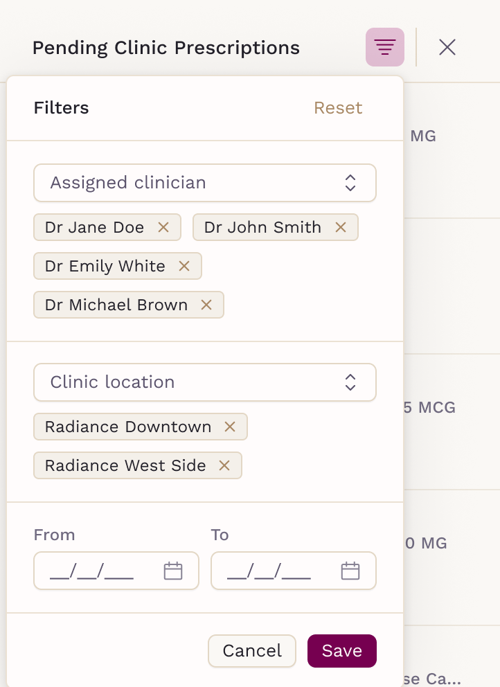 Filters for pending clinic prescriptions: Assigned clinician, Clinic location, and From/To dates