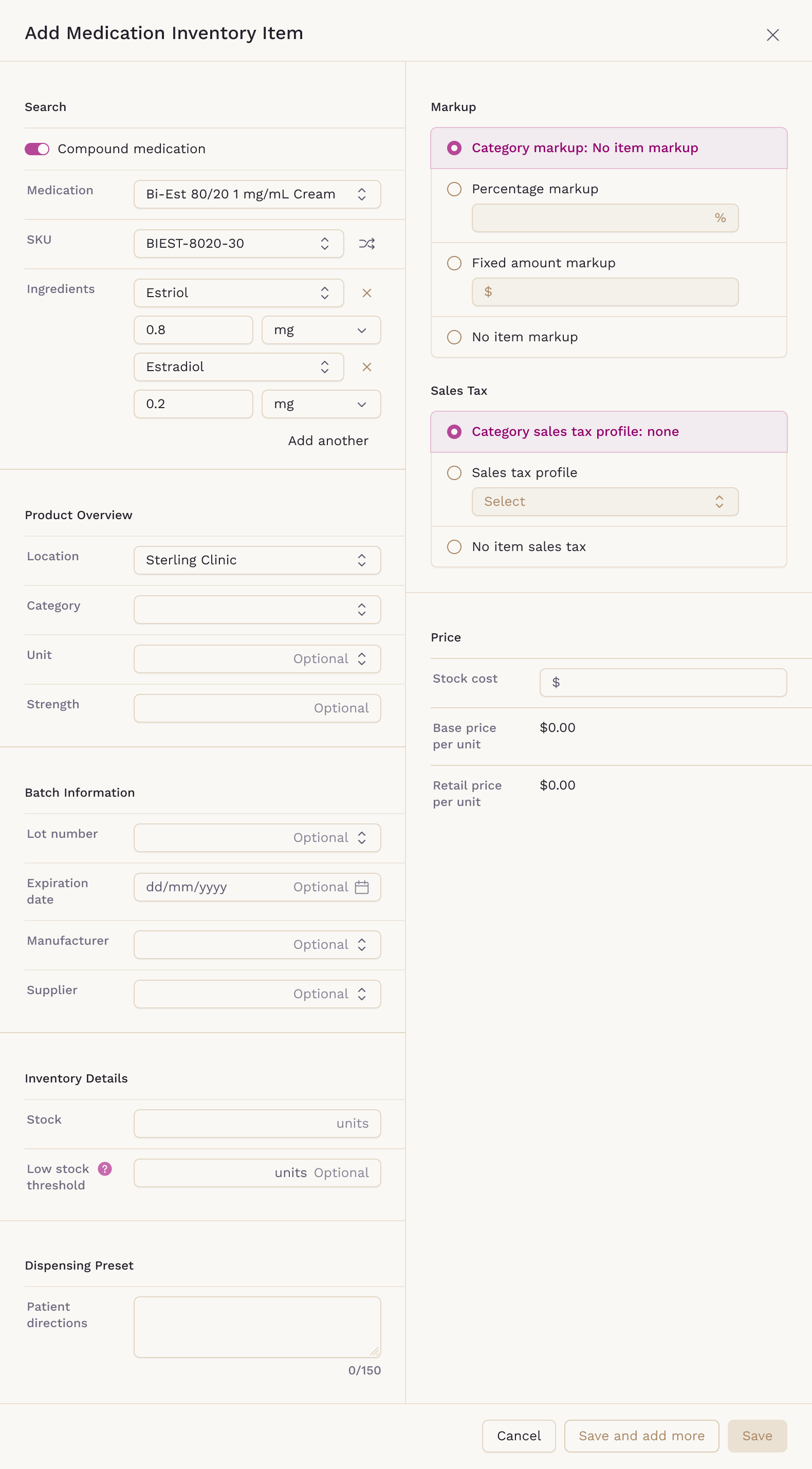 Add Medication Inventory Item with Compound medication on and two ingredients