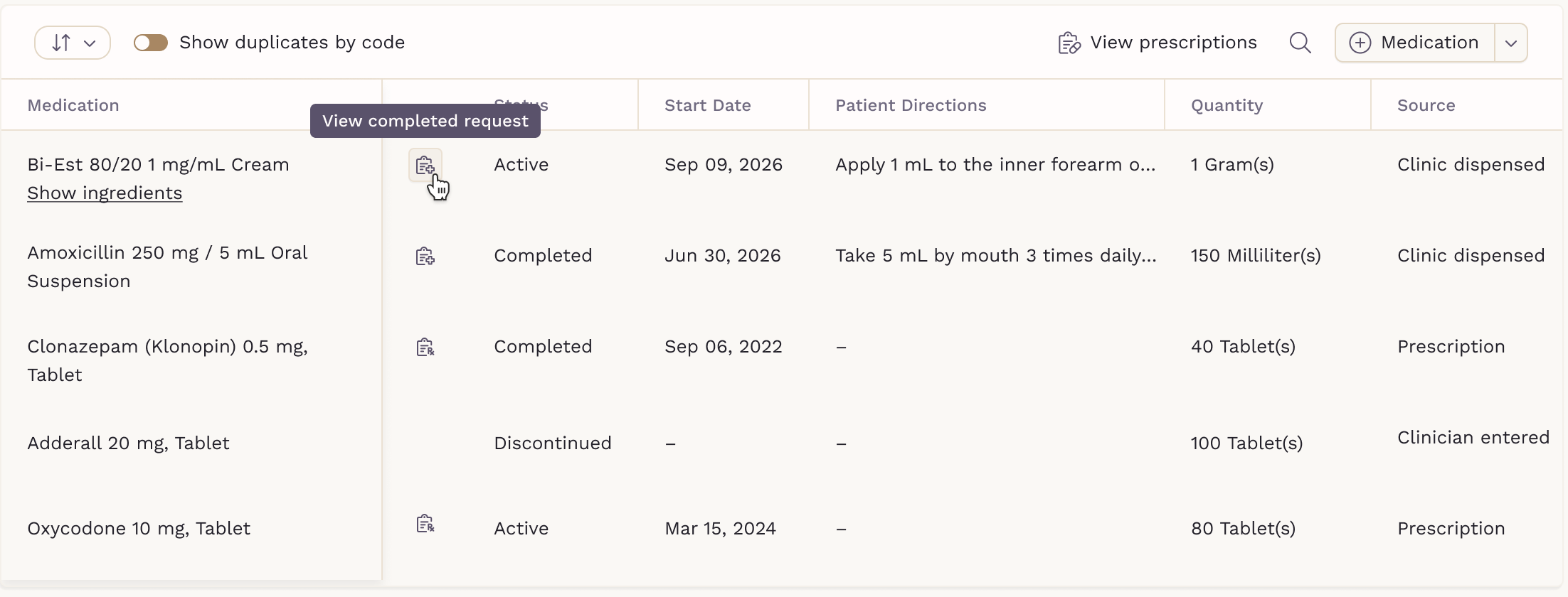 Medications tab with the View completed request icon next to a clinic-dispensed medication