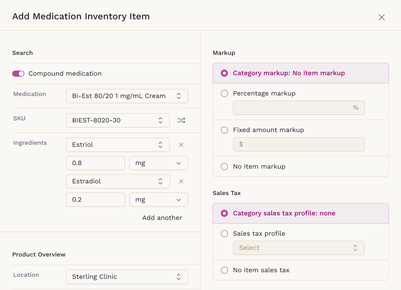 Add Medication Inventory Item with Compound medication on and two ingredients