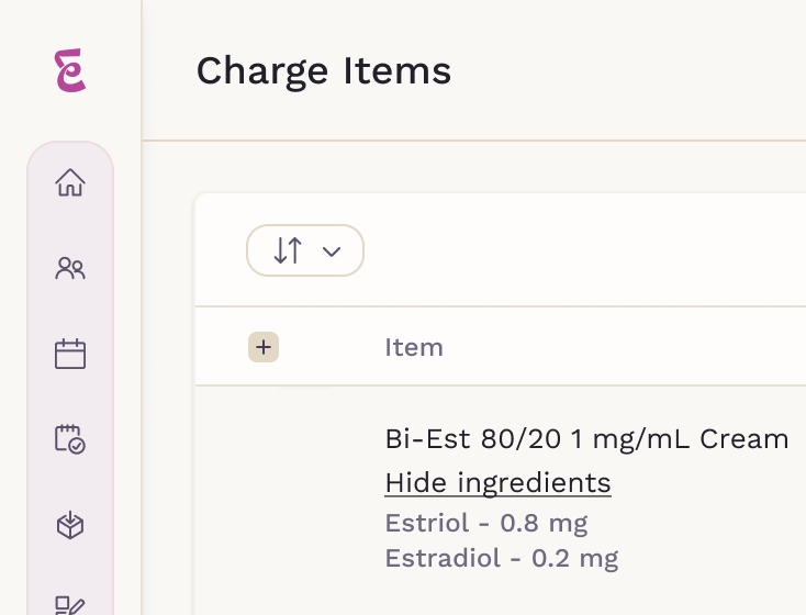 Charge Items table with a compound ingredients list expanded
