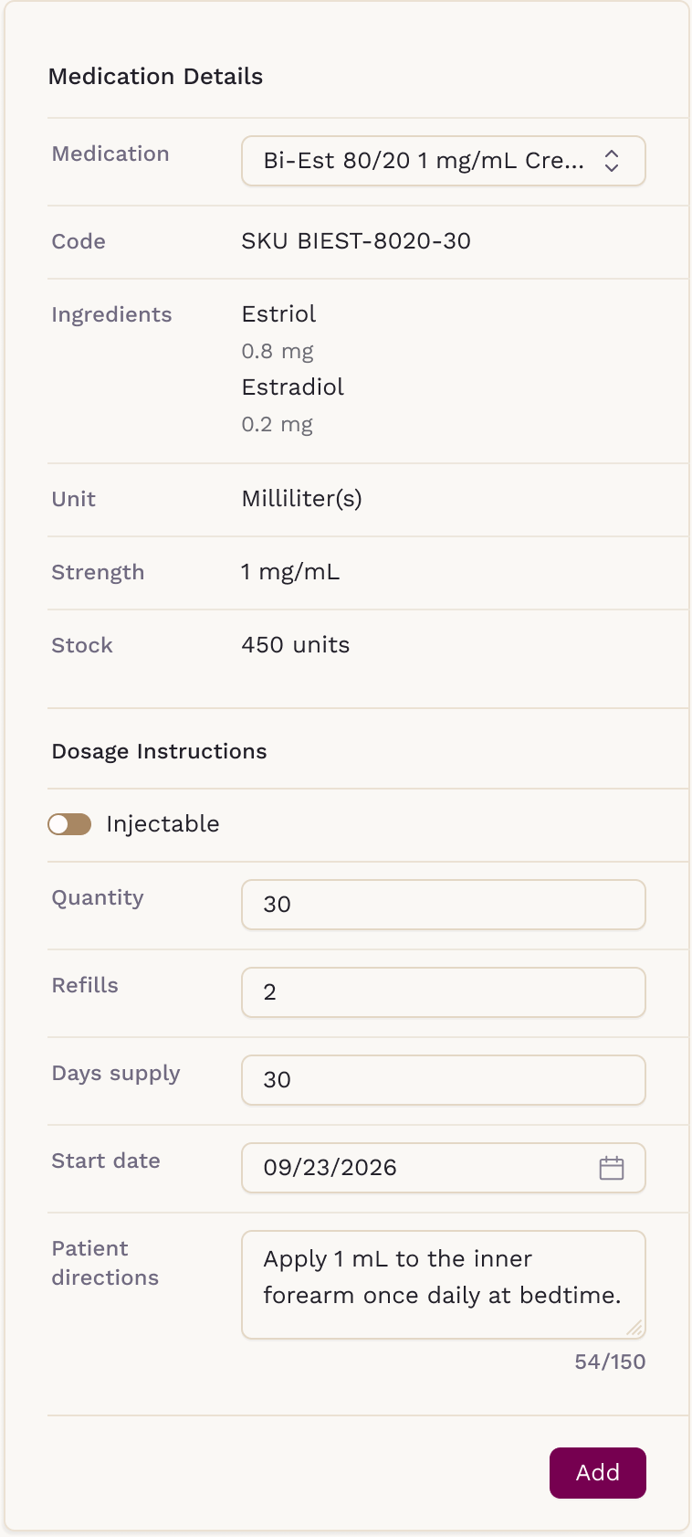 Dispense Medication form showing the Ingredients of a compound
