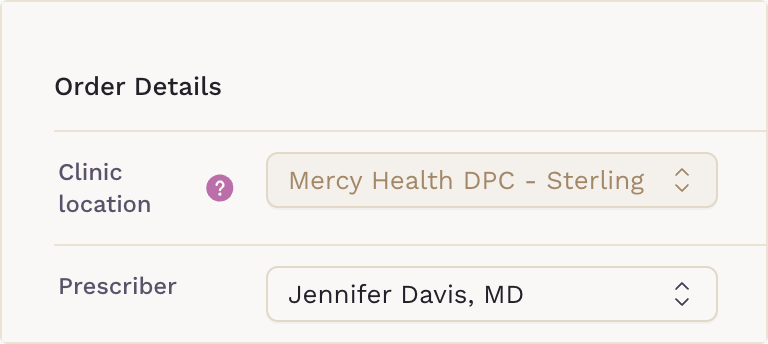 Order Details card with Clinic location and Prescriber