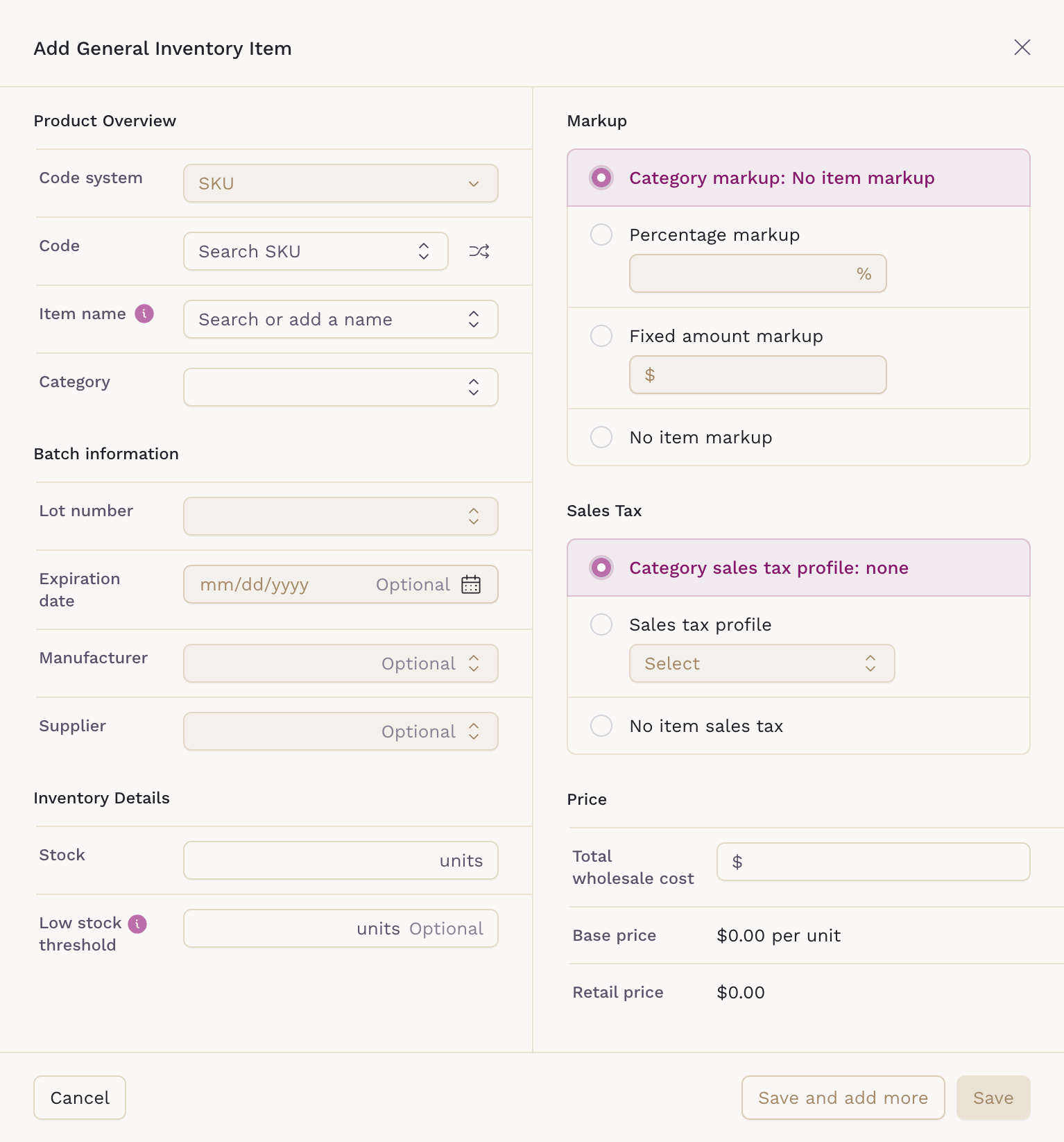 Add General Inventory Item form