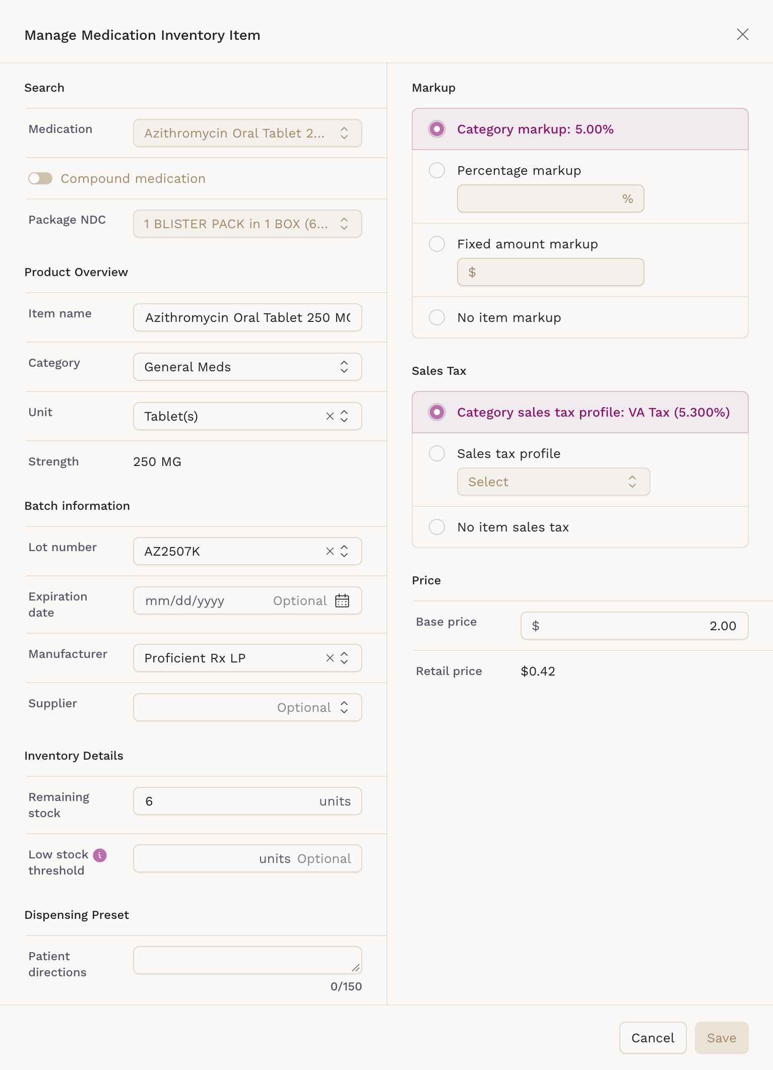 Manage Medication Inventory Item form