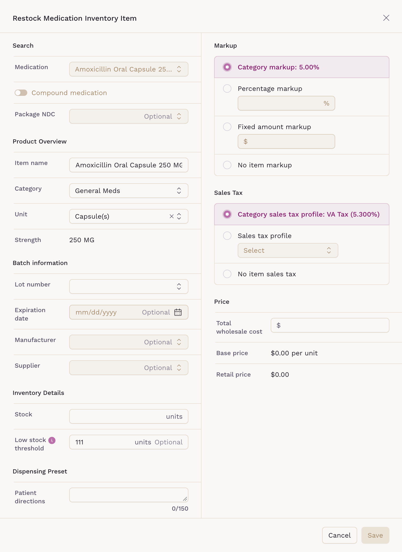 Restock Medication Inventory Item form
